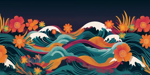 Asian waves and tropical flowers, banner for Asian American and Pacific Islander Heritage Month (APAHM) or AAPI in may - obrazy, fototapety, plakaty