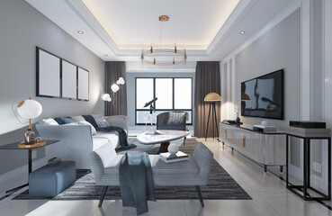The modern luxury interior of the living room is bright and clean. 3D illustration