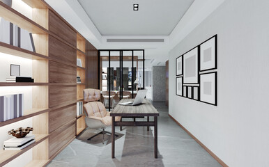 Work space decorate modern wooden stlye. 3D illustration