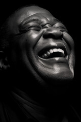 Expressive Monochrome: Extreme Close-Up Portrait of a Laughing Mature African American Man Against a Black Background, Head Thrown Back, Capturing Intense Emotion in Black and White