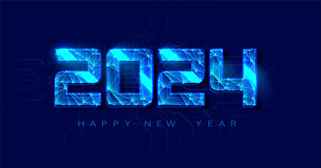 Futuristic Neon Glitch 2024 New Year Celebration Design on a Digital Background. Futuristic glowing banner polygonal style on blue. Vector illustration - obrazy, fototapety, plakaty