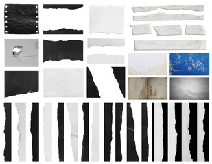 Collection of various vintage note rip paper on white background.