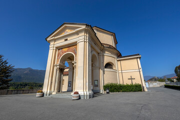 AVIGLIANA, ITALY, OCTOBER 11, 2023 - Shrine of Our Lady of the Lakes on the lakes of Avigliana, province of Turin, Piedmont, Italy