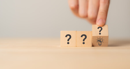 Question marks and light bulb symbolizing idea or solution. Problem solving skill, creativity,...