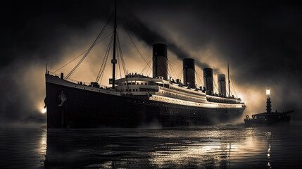 vintage photo of a big old cruise ship sailing in the middle of the sea 