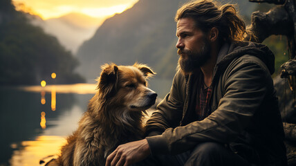 Brutal Man sitting by the fire in the evening with his favorite dog against the backdrop of a mountain lake at sunset.