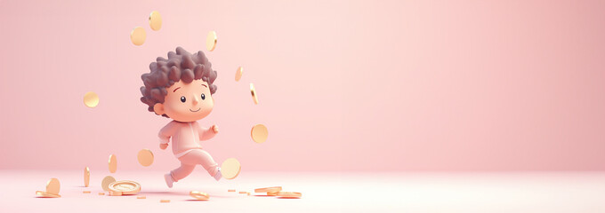 Boy jumping with money coins 3D animation. Busy kids entrepreneurs work with money illustration. Cartoon cute boy happy with coins, pastel colored pink background. Concept saving,earning money - obrazy, fototapety, plakaty