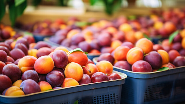 Fresh Plums Peaches Apricots In Containers