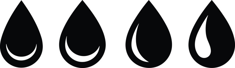 Water drop shape collection. black water drops set. Water or oil drop. Flat style. raindrop or sweat, wet droplets of dew shapes. Vector illustration