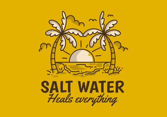 Salt water heals everything. Retro line art illustration of a beach with big sun
