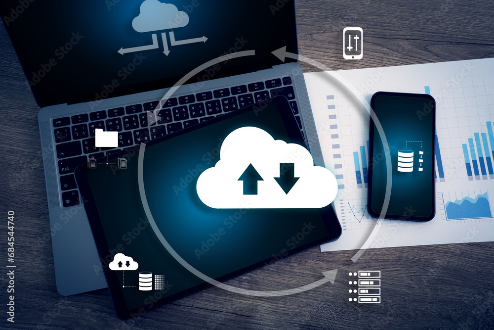 Poster cloud computing business network server storage technology concept laptop computer with cloud networ