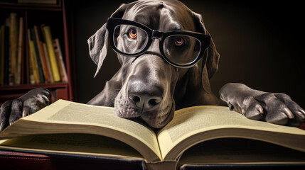 A great dane dog wearing glasses and reading a book - obrazy, fototapety, plakaty