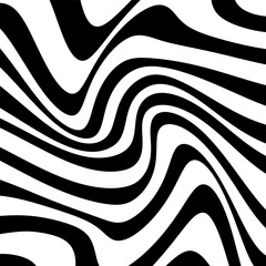 Zebra wavy pattern. Linear monochrome vector texture. Psychedelic striped black and white background.