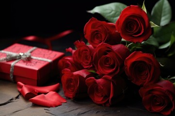 Gift box and bouquet of red roses. Romantic love background. Happy Valentine's Day.