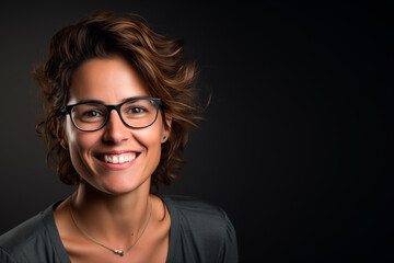 smiling European woman in her 30s. black background