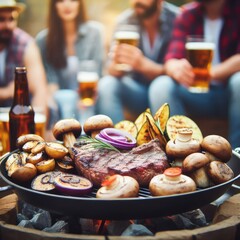 Photo of barbecue grill with tasty food meat potatoes mushrooms eggplant. On blurred background groups of friends