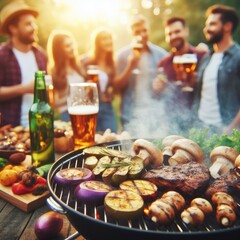 Photo of barbecue grill with tasty food meat potatoes mushrooms eggplant. On blurred background groups of friends - obrazy, fototapety, plakaty