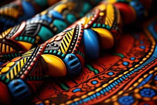 Vibrant painted African tribal masks close-up. Cultural heritage and artistry.