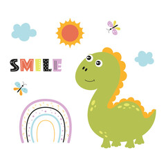 cute cartoon dinosaur and rainbow, flat vector illustration with animal, print for kids