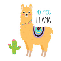 vector Illustration of cute cartoon llama, cactuses and lettering no probllama, childish print for any design