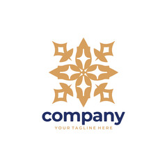 Abstract gold ornate logo with company name and tagline on white background