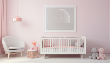 Interior mock up frame in newborn bedroom, three white frames on bright background with rattan crib and chair. Scandinavian baby room design, 3D rendering, 3D illustration pink interior
