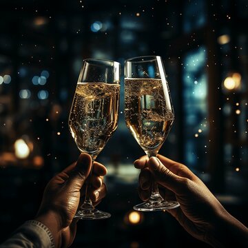clinking two glasses of champagne at party 
