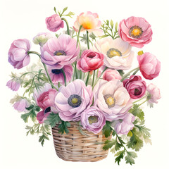 Obraz premium Ranunculus, Chrysanthemums, Irises, Flowers, Watercolor illustrations
