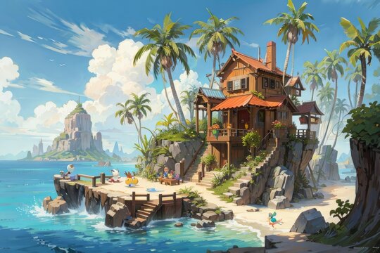 A beautiful paradise island with palm trees, a multi-storey wooden castle in the sea. Nature, travel concepts.
