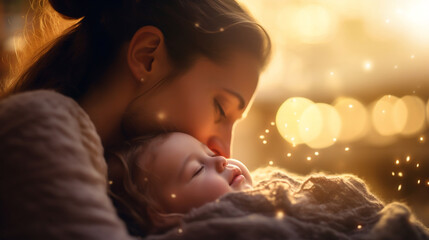 Isolated mother hugging kissing baby on defocused bokeh flare background