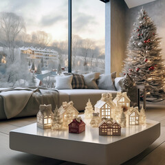 Decorated Christmas tree with with small decorative houses in gold and white and a sofa next door with a beautiful view outside