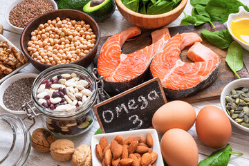 Food rich in omega 3 fatty acid and healthy fats. Animal and vegetable sources of omega3. Healthy keto and low carb diet eating concept - obrazy, fototapety, plakaty
