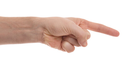 Man pointing with index finger on white background, closeup