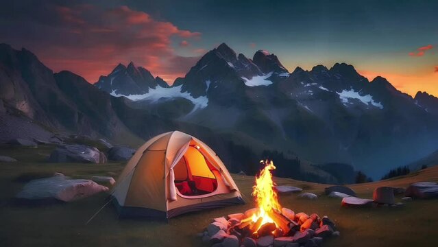 Camping tent and campfire on the mountain. tent in the mountains at night