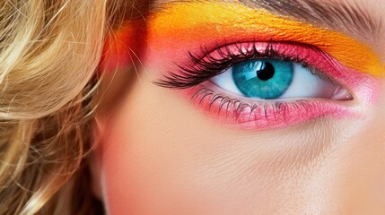 Beautiful woman with creative colorful makeup. Girl with vivid face art in luxurious shades. Fashion or cosmetics concept. Illustration for cover, postcard, interior design or print.