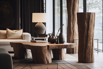 wooden tree trunks in luxury living room with lamp and vase, in the style of textured organic forms, extravagant table settings, northern china's terrain, minimalist black and white, rounded, warm col - obrazy, fototapety, plakaty