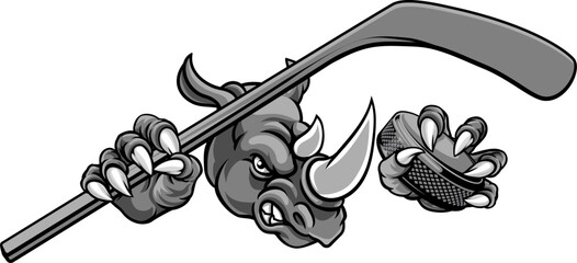 A rhino ice hockey player animal sports mascot holding a hockey stick and puck