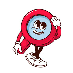 Groovy magnifying glass character vector illustration. Cartoon isolated retro sticker of red magnifier character with funny smile on blue face, cute school supply mascot with legs and arms walking