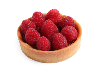 Tartlet with fresh raspberries isolated on white. Delicious dessert