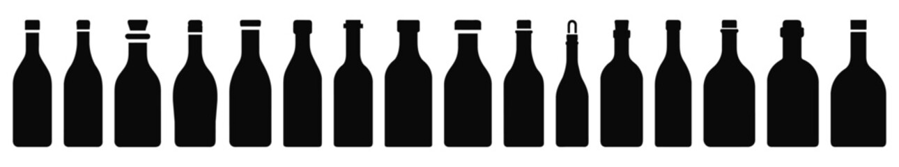 The set of silhouettes of glass bottles.  Black silhouette of a vessel for various types of drinks. 