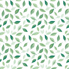 a green leaf on a white seamless pattern background.