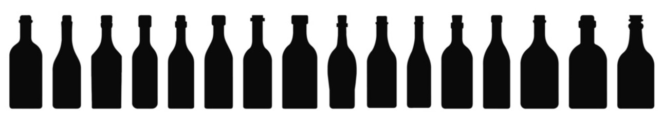 Set of silhouettes and outlines of  bottles. Black silhouette of a vessel for various types of drinks. 