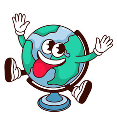 Groovy Earth globe character vector illustration. Cartoon isolated retro sticker of funny ball with world map, tongue on trippy face, happy Earth mascot with legs and arms for geography school lesson