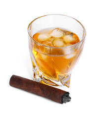 Glass of whiskey and burnt cigar isolated on white