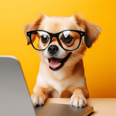 A dog with glasses and a surprised look on her face is looking at a laptop on solid yellow background. ai generative