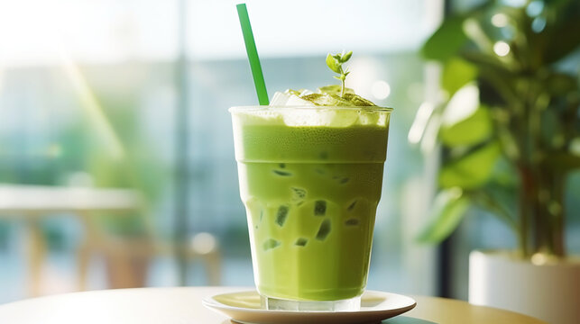 Closeup of iced matcha latte in a stylish glass on sunny background in front of the window in a cafe. Generative AI