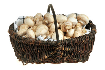Panier de champignons de Paris crus en gros plan sur fond blanc.