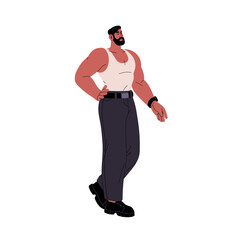 Business muscular man with athletic arms. Bearded bodybuilder with strong body, sturdy figure. Serious businessman in trousers. Sport lifestyle. Flat isolated vector illustration on white background