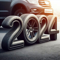 Rubber car wheels in the form of 2024 numbers on the asphalt and street background. ai generative - obrazy, fototapety, plakaty