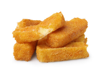 Pile of tasty fried mozzarella sticks isolated on white